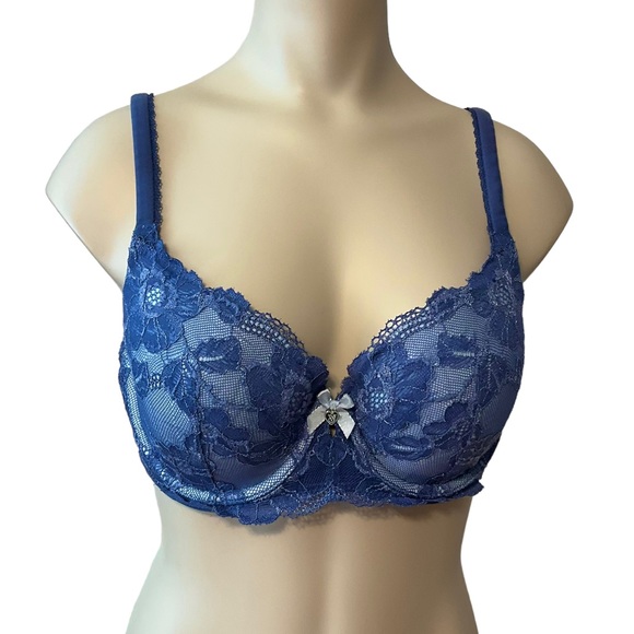 VICTORIA’S SECRET sz 34D Bra Conversion Underwire Lacey Heart Charm w Bow Blue - Picture 1 of 9